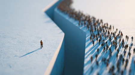 A solitary figure stands across a wide divide from a bustling mass, their elongated shadows stretching on a luminous plane, embodying introspection amid separation.の写真素材