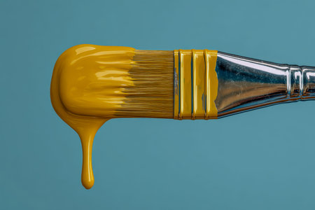 A paintbrush with shimmering yellow paint gently oozing downward, set against a sleek blue...