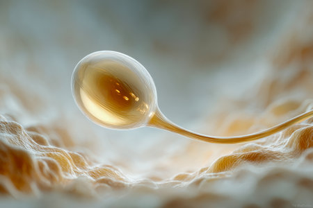 An intricate medical rendering showcasing a lone sperm navigating through a microscopic setting toward the ridged surface of an egg, highlighting human fertilizationの写真素材
