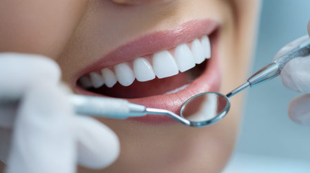 A dentist uses precise instruments to examine a patient?s pristine white teeth, capturing a moment...