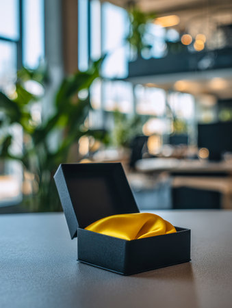 A sleek black box lined with shimmering golden satin rests on a contemporary desk, surrounded by soft lighting and blurred greenery, evoking sophistication and elegaの写真素材
