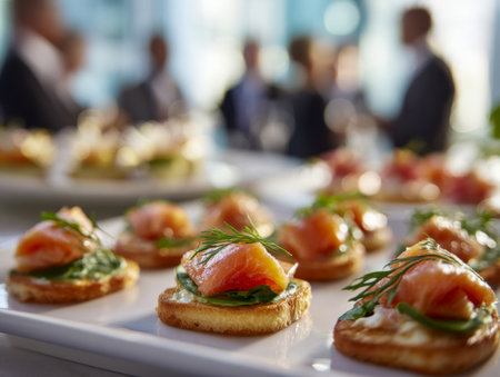 A platter of delicately crafted smoked salmon bites topped with fresh dill and vibrant greens, exuding refinement at an upscale gathering with guests softly blurredの写真素材