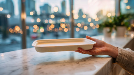A hand presenting a sustainable, compostable food tray on a polished marble surface, with a softly glowing city skyline and cozy evening hues in the backdrop.の写真素材