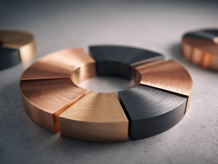A contemporary art piece featuring a layered, circular form crafted from metallic segments in warm...