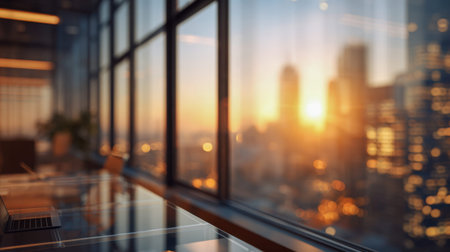 A sleek workspace bathed in golden sunset light, featuring expansive windows with panoramic city...