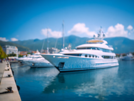 An elegant white yacht rests peacefully at a marina's edge, set against majestic mountains and a bright azure sky, with tranquil waters mirroring the serene scene.の写真素材