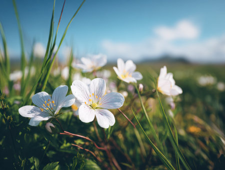 Soft wild blooms emerge amid lush grass, basking in warm sunlight beneath a vivid blue sky scattered with gentle clouds, capturing serene natural beauty.の写真素材