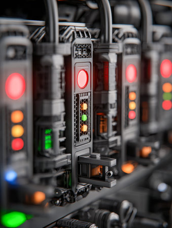 A detailed shot capturing sleek server stacks with glowing indicators, highlighting a high-tech...