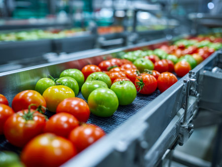 Vibrant tomatoes glide smoothly through a sleek production line, set against a soft-focus backdrop of advanced equipment and colorful harvests in a contemporary faciの写真素材
