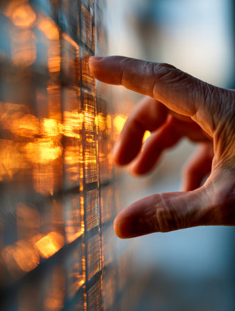 A delicate hand extends toward a shimmering mirror bathed in golden hues, embodying serenity and...
