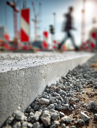 A detailed view of a newly laid concrete edging and scattered stones, with a softly focused construction zone and crossing signals beneath a bright, sunny sky.の写真素材
