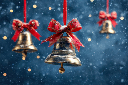 Shimmering antique bells adorned with vibrant crimson ribbons sway softly amid falling snowflakes, set against a deep midnight hue with warm, glowing bokeh accents.の写真素材