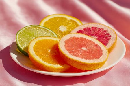 Bright, juicy citrus slices?grapefruit, orange, and lime?artfully layered on a pristine white dish, set against a gentle pink fabric, evoking freshness and zest.の写真素材