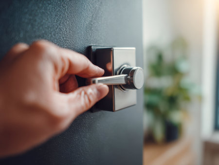A person adjusts a sleek metal door lever, set against a dark, textured surface, illuminated by natural light from a nearby window with lush green foliage softly bluの写真素材