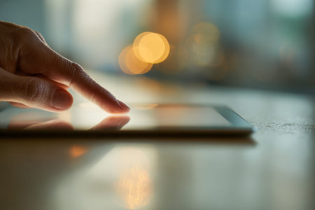 A subtle touch on a sleek device glows softly under gentle ambient light, reflected on a shiny...