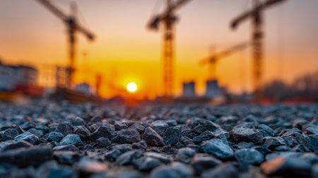 A detailed view of textured gravel flooring at dusk, with towering crane silhouettes against a striking orange sky, capturing the beauty of construction's late hoursの写真素材