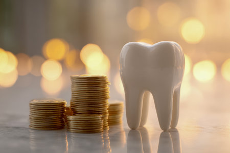 Personifying dental finance, a mound of shimmering gold coins rests beside an oversized white tooth, illuminated by gentle, glowing lights evoking warmth and trust.の写真素材