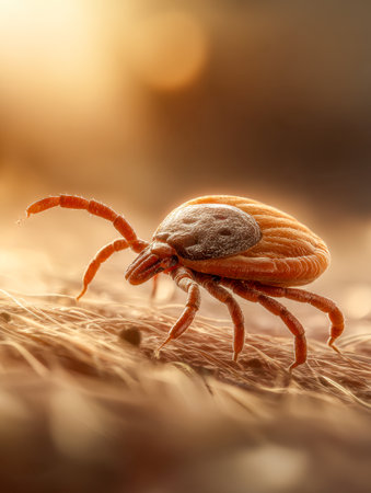 A detailed close-up captures a minute reddish-brown parasite exploring human skin, illuminated by gentle warm lighting that reveals its complex body structure and tiの写真素材