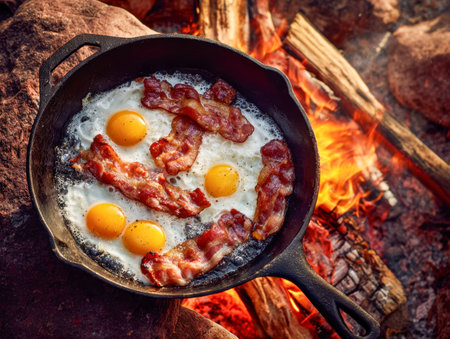 A cozy morning scene featuring hearty breakfast fare cooking over a crackling campfire, with sizzling bacon and eggs in a vintage skillet amidst rugged rocks and warの写真素材