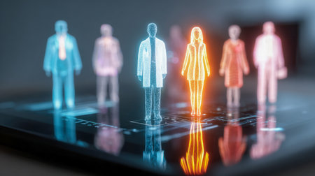 A vibrant scene featuring a variety of professionals rendered as glowing holograms on a mirror-like platform, illustrating cutting-edge collaboration and technologicの写真素材