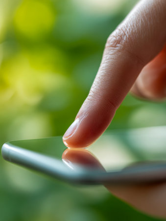 A single finger softly presses a sleek touchscreen, set against a lush, out-of-focus greenery under gentle, diffused daylight.の写真素材