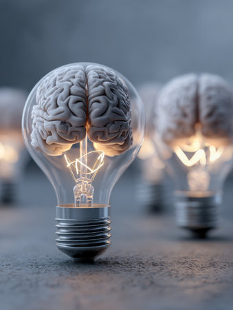 A luminous brain-inspired bulb stands out amidst a collection of unlit glow sticks on textured backdrop, symbolizing bright ideas and inventive thinking.の写真素材
