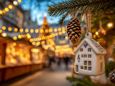 A charming ceramic miniature home sways gently alongside a pine cone on a tree branch, illuminated by twinkling holiday string lights amid bustling market displays.の写真素材