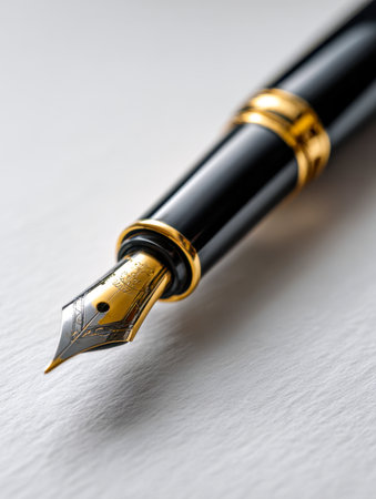 A striking black and gold nib gently rests on textured white stationery, evoking sophistication and timeless professionalism in executive writing and business communの写真素材