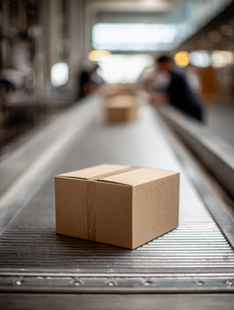 A lone cardboard container glides on a conveyor amid a busy warehouse, with indistinct staff and industrial tools creating a dynamic backdrop.の写真素材