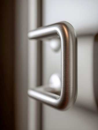 A minimalist brushed metal handle graces a crisp white wooden door, embodying modern elegance and skilled craftsmanship in contemporary interior styling.の写真素材