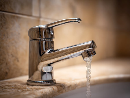 A sleek, reflective chrome tap streams pure water into a basin, set against a cozy, warm-hued tiled wall that enhances the bathroom's bright and inviting vibe.の写真素材