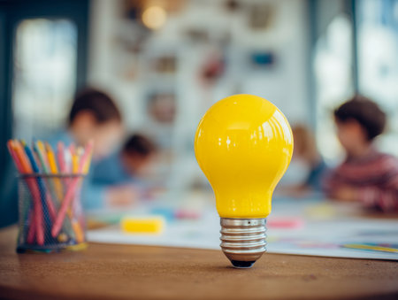 A luminous yellow lightbulb representing inspiration sits on a desk amidst vibrant art supplies, while playful children craft colorful sketches in a lively classroomの写真素材