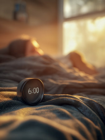 Soft golden rays fill a bedroom, highlighting a sleek clock displaying early morning and a restful sleeper in tranquil slumber.の写真素材