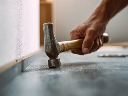 A skilled individual gently taps wooden flooring planks along a wall, ensuring a precise fit during an indoor renovation. The focus is on craftsmanship and attentionの写真素材