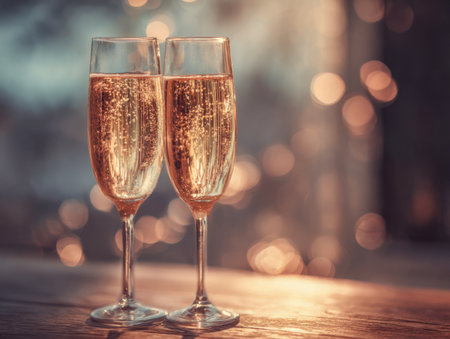 Two graceful flutes shimmer with golden effervescence, set on a rustic wooden table illuminated by soft, glowing lights ideal for joyful festivities.の写真素材