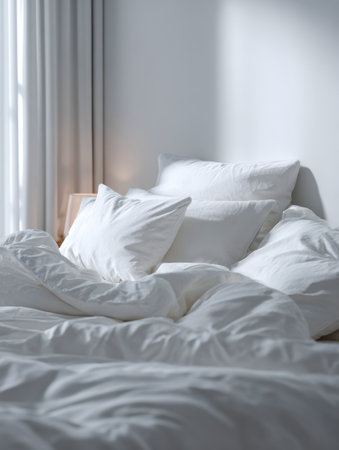 A serene, sunlit bedroom features crisp white linens layered with plush pillows and a comforting duvet, creating a tranquil and inviting retreat.の写真素材