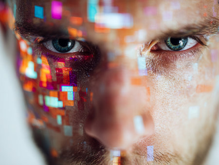 A captivating man with piercing blue eyes gazes forward as vibrant, multicolored digital fragments cascade across his face, illustrating the harmony between human feの写真素材