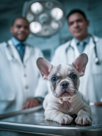 A charming French bulldog puppy rests peacefully on an exam table as two friendly veterinarians stand behind, surrounded by sleek, contemporary clinic equipment.の写真素材