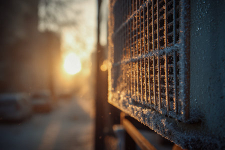 A chilly morning scene showcasing a metallic lattice coated in icy frost, catching the warm glow of dawn amidst an urban environment with softly blurred city detailsの写真素材