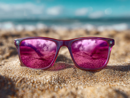 Bright sunlight gleams on sleek purple-tinted shades lounging on warm sand, with tranquil waves and a clear blue sky creating a relaxed summer vibe.の写真素材