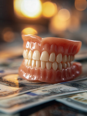 A collection of crafted dental prosthetics lies atop a jumble of currency notes, illuminated by soft amber glow that merges health care symbolism with economic themeの写真素材