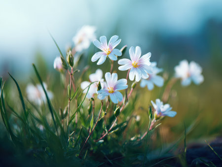 Gentle white blossoms emerge amidst vibrant green blades, basking in the tender glow of dawn, creating a serene and airy natural scene perfect for spring inspirationの写真素材