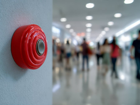A vibrant red safety switch stands out against a neutral wall, while blurred figures of passersby move through a bustling indoor environment behind it.の写真素材