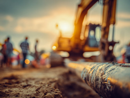 A rugged metal conduit stretches across a sunlit construction zone, with silhouettes of workers in conversation blurred behind as warm sunset hues cast a glow on theの写真素材