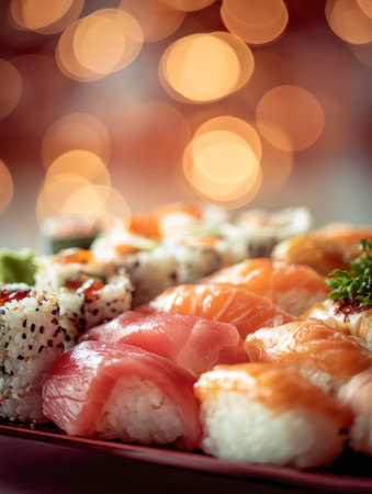 A vibrant display of sushi and colorful rolls artfully layered on a platter, illuminated by gentle, amber-toned lights creating a cozy, appealing atmosphere.の写真素材