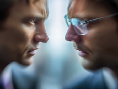 Two men lock eyes in a dynamic indoor scene, their intense stance captured with a motion blur that highlights tension, rivalry, and confrontational moments.の写真素材