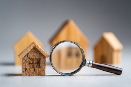 A close-up of a magnifying glass highlighting small wooden homes, representing careful property evaluation and strategic decisions in real estate investment.の写真素材