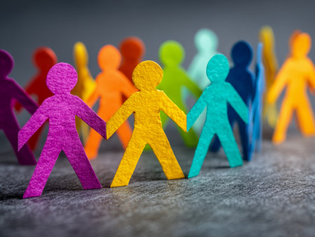 Vibrant paper figures interconnected in a circular pattern, representing inclusivity, teamwork, and shared purpose on a plain, unobtrusive background.の写真素材
