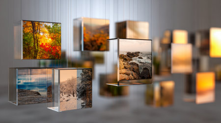A collection of clear, floating cubes showcase vibrant seasonal and seaside scenery, creating an elegant, surreal display on a neutral gray canvas.の写真素材