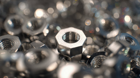 A detailed close-up reveals polished steel fasteners with intricate threading, artfully arranged amidst scattered pieces, highlighting industrial craftsmanship and mの写真素材